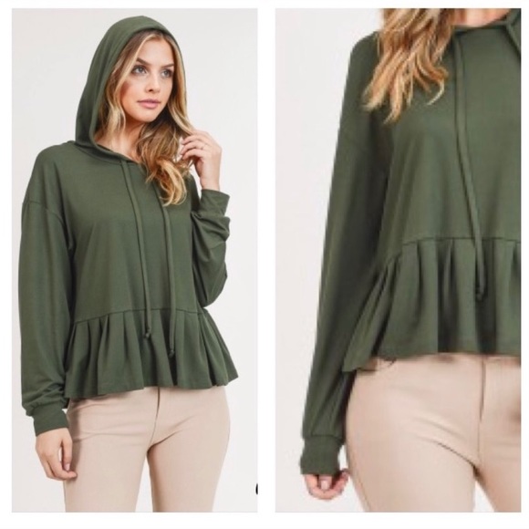Tops - Ruffle Hem Olive Green Hoodie